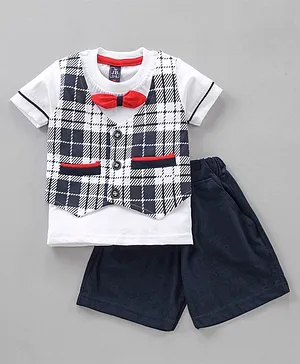 Jb Club Half Sleeves Checkered Tee With Attached Bow Tie & Shorts - White & Blue