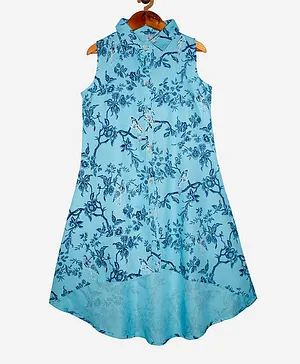 Kiddopanti Sleeveless Floral Branch And Bird Print High-Low Style Kurta - Aqua Blue