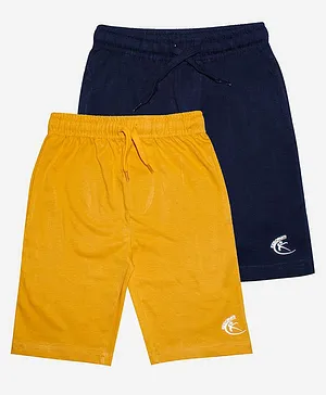 Kiddopanti Pack of 2 Knee Length Logo Print Shorts - Mustard Yellow And Navy Blue