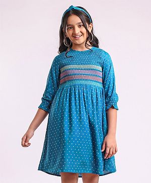 Pine Kids 3/4th Sleeves Embroidered Denim Smocked Frock with Headband Polka Print - Blue
