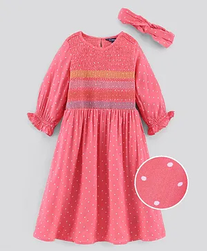 Pine Kids 3/4th Sleeves Gathered Frock with Embroidery and Polka Dot Print - Salmon Pink