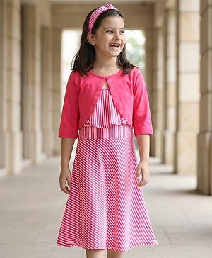 Pine Kids Sleeveless Rayon Frill Frock with Full Sleeves Shrug & Hairband - Pink