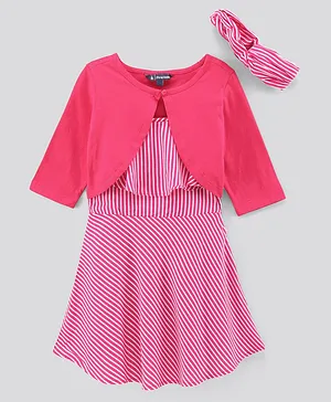 Pine Kids Sleeveless Rayon Frill Frock with Full Sleeves Shrug & Hairband - Pink