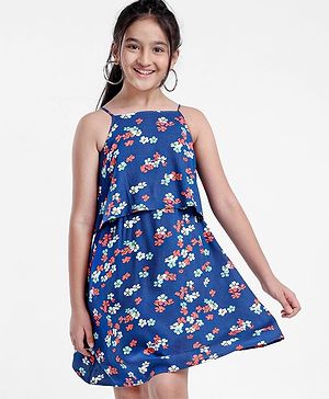 Pine Kids Singlet Frock with Mask Floral Print - Blue