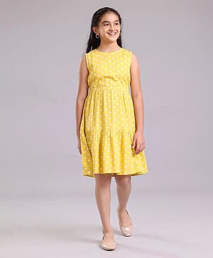 Pine Kids Sleeveless Frock with Mask Polka Dot Print - Yellow