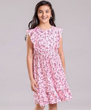 Pine Kids Sleeveless Frock with Mask Floral Print - Pink