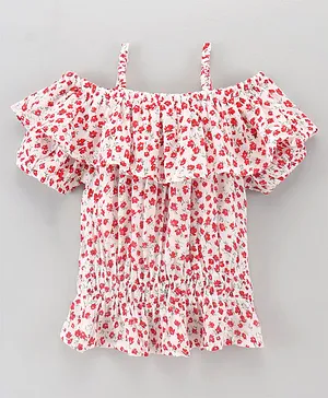 Pine Kids Rayon Woven Half Sleeves Top Floral Print - White Red