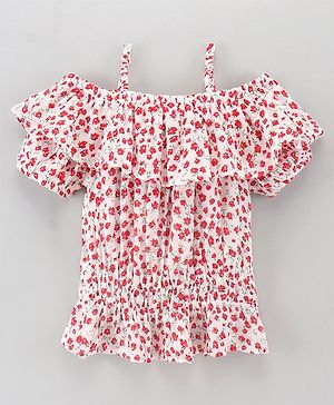 Pine Kids Rayon Woven Half Sleeves Top Floral Print - White Red