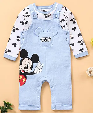 Babyhug Full Sleeves Tee & Dungaree Set Mickey Mouse Print- Blue
