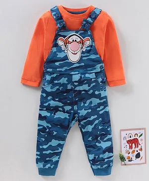 Babyhug Full Sleeves Cotton Tee With Dungaree Camo Print & Tiger Applique- Orange Blue