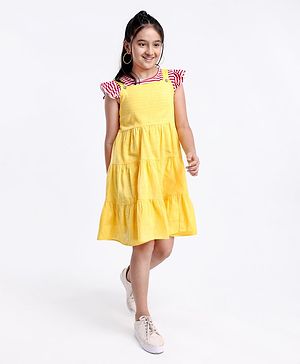 Pine Kids Tiered Frock with Short Sleeves Striped Inner Tee - Golden