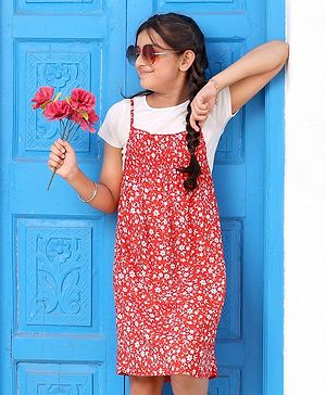 Pine Kids Half Sleeves Tee & Frock Floral Print - Red