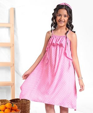 Pine Kids Sleeveless Asymmetrical Frock with Headband Polka Dot Print - Pink
