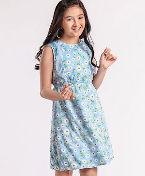 Pine Kids Ruffle Sleeves Frock Floral Print - Blue