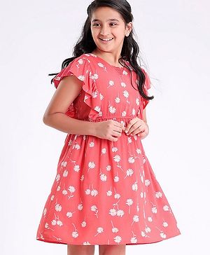 Pine Kids Cotton Summer Frocks with Floral Print - Red