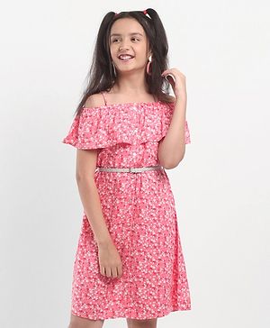 Pine Kids Off Shoulder Frock with Floral Print & Glitter Belt - Pink