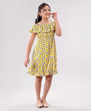 Pine Kids Cold Shoulder Frock Floral Print - Yellow