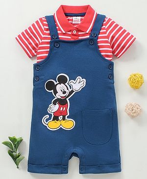 Babyhug Dungaree With Half Sleeves Striped Inner Tee Mickey Mouse Patch - Red Blue