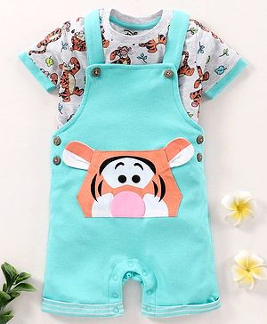 Babyhug Cotton Printed Dungaree with Half Sleeves T-shirt - Blue