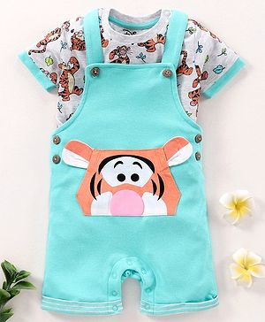 Babyhug Cotton Printed Dungaree with Half Sleeves T-shirt - Blue