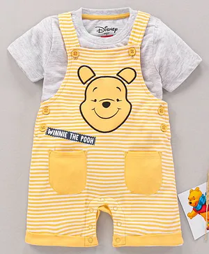 Babyhug Half Sleeves Dungaree Style Romper With Inner Tee Stripes & Winnie The Pooh Print - Ecru Yellow