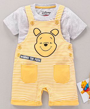 Babyhug Half Sleeves Dungaree Style Romper With Inner Tee Stripes & Winnie The Pooh Print - Ecru Yellow