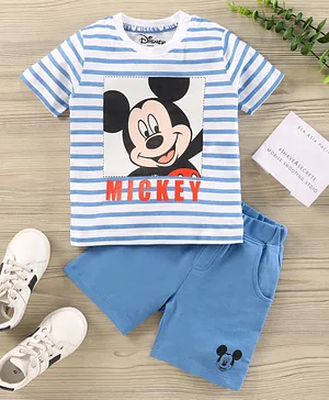 Babyhug Half Sleeves Cotton T-Shirt And Shorts Set Mickey Mouse And Stripe Print - Blue