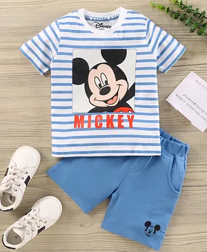 Babyhug Half Sleeves Cotton T-Shirt And Shorts Set Mickey Mouse And Stripe Print - Blue