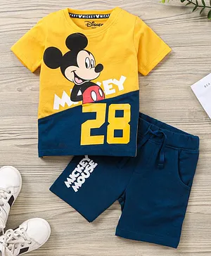 Babyhug Half Sleeves Tee & Shorts Mickey Mouse Print- Blue Yellow