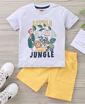 Babyhug Half Sleeves Cotton T Shirt And Shorts Set Placement Print - Grey Yellow