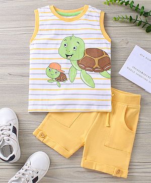 Babyhug Sleeveless Striped T-Shirt & Knee Length Shorts Tortoise Print - Yellow