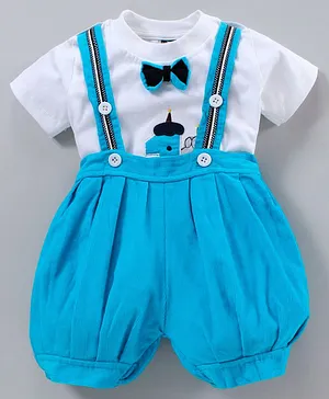 Jb Club Half Sleeves Tee With Bow Detailing Dungaree - Blue