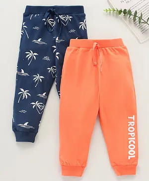 Babyhug Knit Full Length Text Printed Lounge Pants Pack Of 2 - Navy Coral