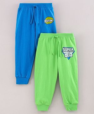 Babyhug Full Length Knit Track Pants Text Print Pack of 2 - Blue Green