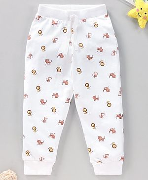 Babyhug Full Length Lounge Pant Tiger & Monkey Print - White