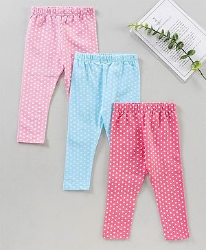 Babyhug Full Length Knit Lycra with Stretch Leggings Printed Pack of 3 - Blue Light and Dark Pink