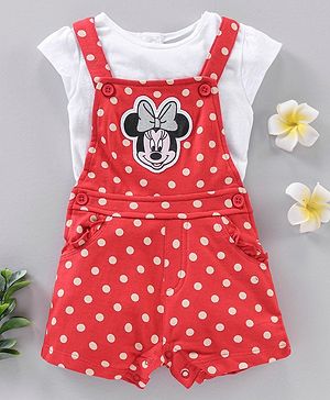 Babyhug Short Cap Sleeves Dungaree Style Romper With Inner Tee Minnie Mouse Print - Red White