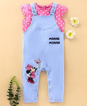 Babyhug Cap Sleeves Top & Dungaree Set Polka Dot & Minnie Mouse Print - Blue Pink