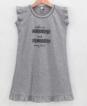 CHICKLETS Short Sleeves Make Me Happy Text Print Nighty - Grey