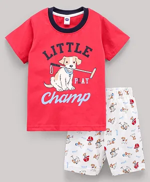 Teddy Half Sleeves T-Shirt & Shorts Set Text & Dog Print - Red
