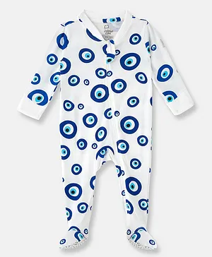 Cuddles for Cubs Full Sleeves Eye Print Footed Sleep Suit - White