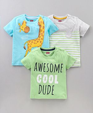 Babyhug Half Sleeves Cotton Blend T-shirts Striped Pack of 3 - Green Blue