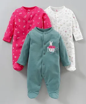 I Bears Full Sleeves Sleep Suits Animals Print Pack of 3 - Pink White Olive