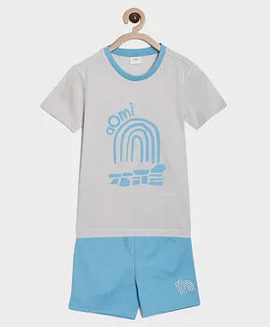 Aomi Half Sleeves Rainbow and Brand Name Print Tee And Knee Length Shorts Night Wear Set - Grey