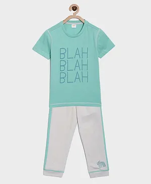 Aomi Half Sleeves Blah Text Print Tee And Full Length Rainbow With Brand Name Print Pajama Night Wear Set - Teal Blue