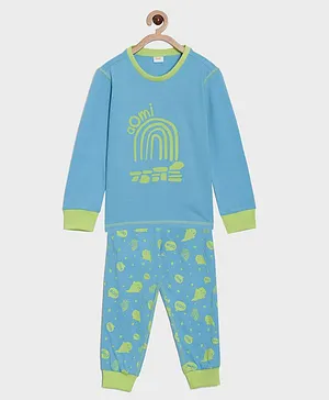 Aomi Full Sleeves Rainbow With Brand Name Print And Full Length Ghost Print Pajama Night Wear Set - Blue