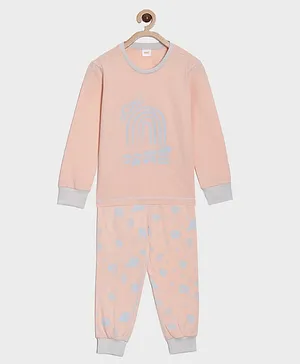 Aomi Full Sleeves Rainbow With Brand Name Print And Full Length Ghost Print Pajama Night Wear Set - Peach
