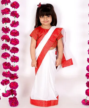 Little Bansi Half Sleeves Floral Brocade Blouse And Bengali Saree - Red And White