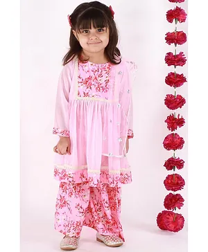 Little Bansi Full Sleeves Floral Print Kurta And Palazzo With Net Dupatta - Pink