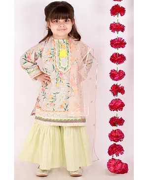 Little Bansi Full Sleeves Floral Print And Lace Detailing Kurta And Sharara With Net Dupatta - Green